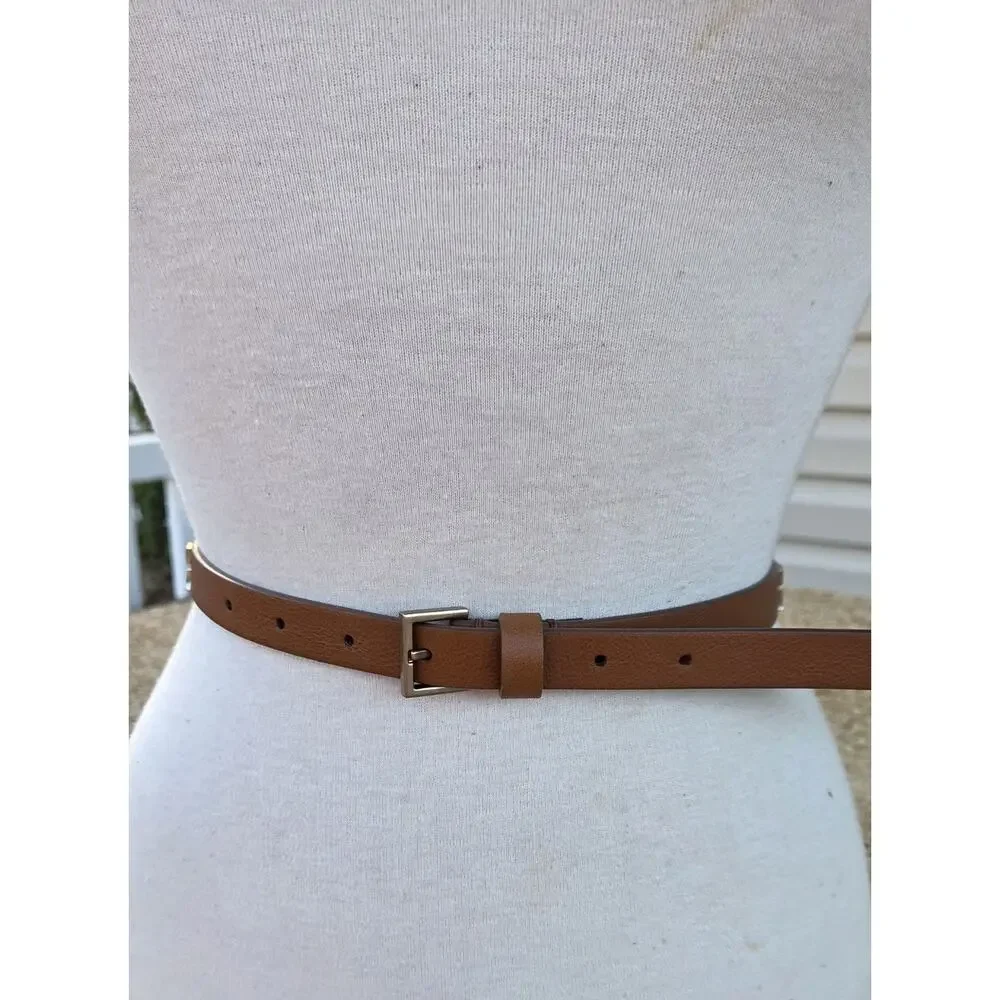 AllSaints Camel Studded Leather Belt Pebbled Thin Minimalist Moto Rocker
